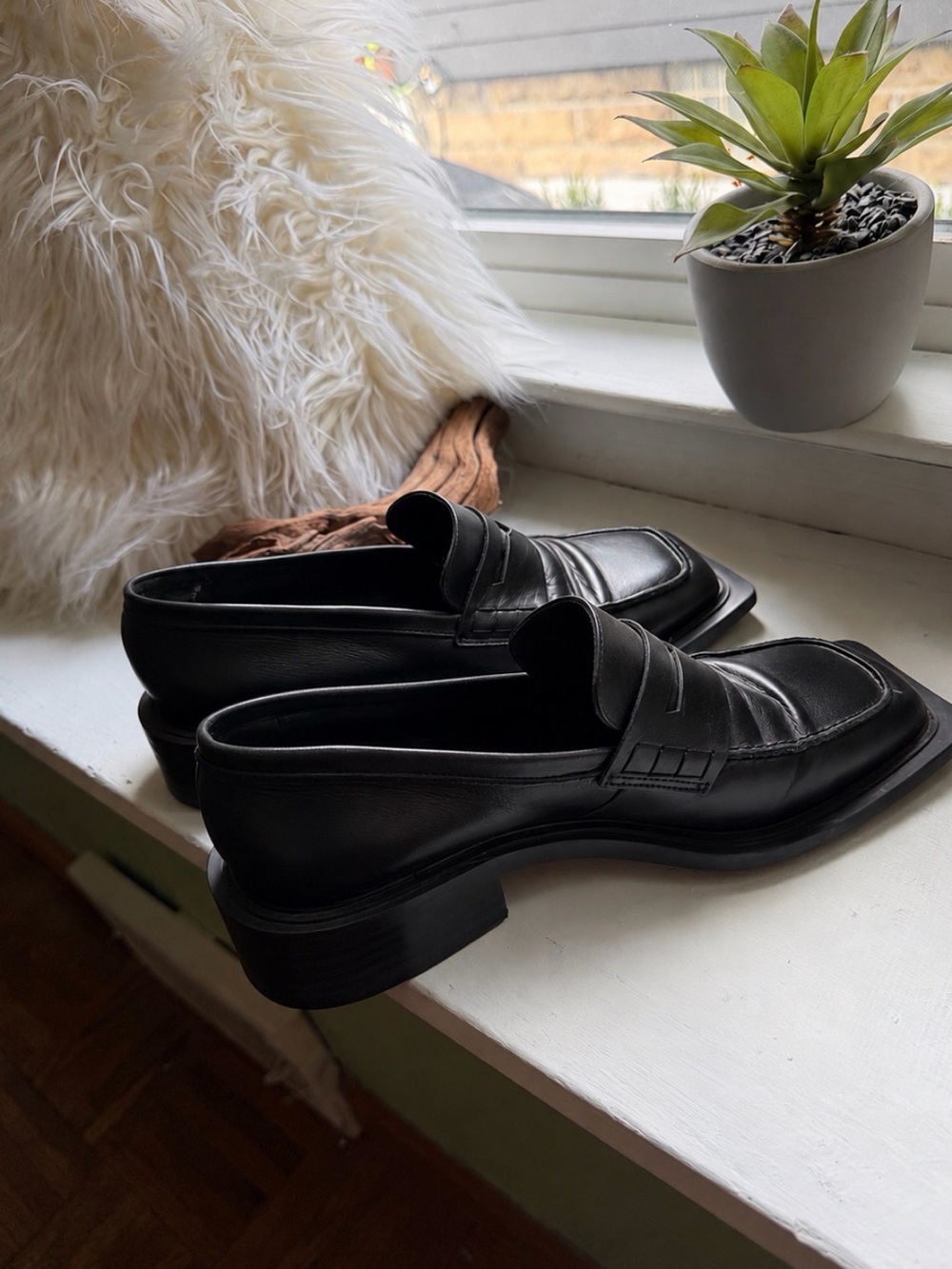 Square Toe Black Leather Penny Loafers